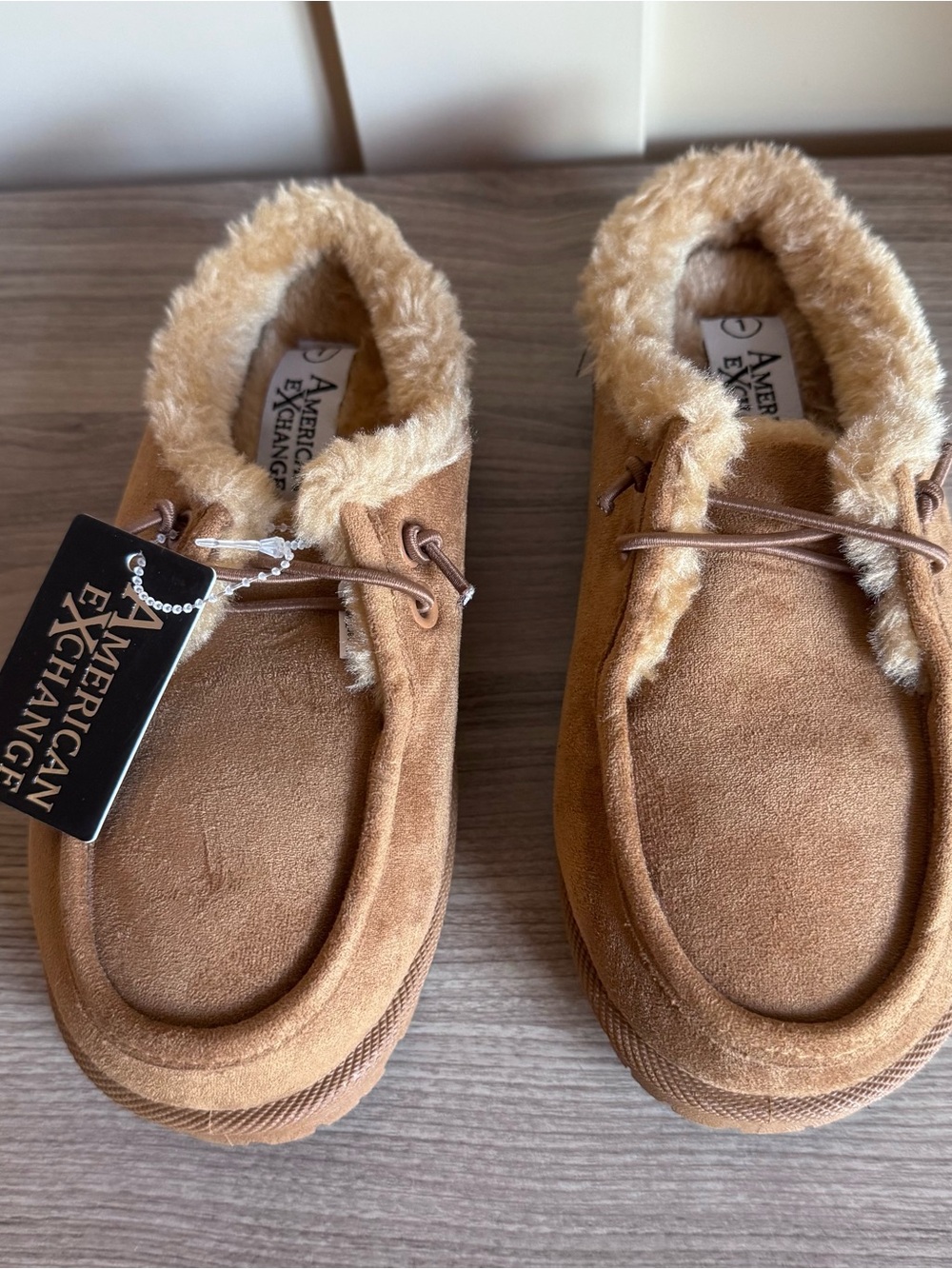 American Exchange Kids Tan Suede Slip-On Moccasins with Plush Collar